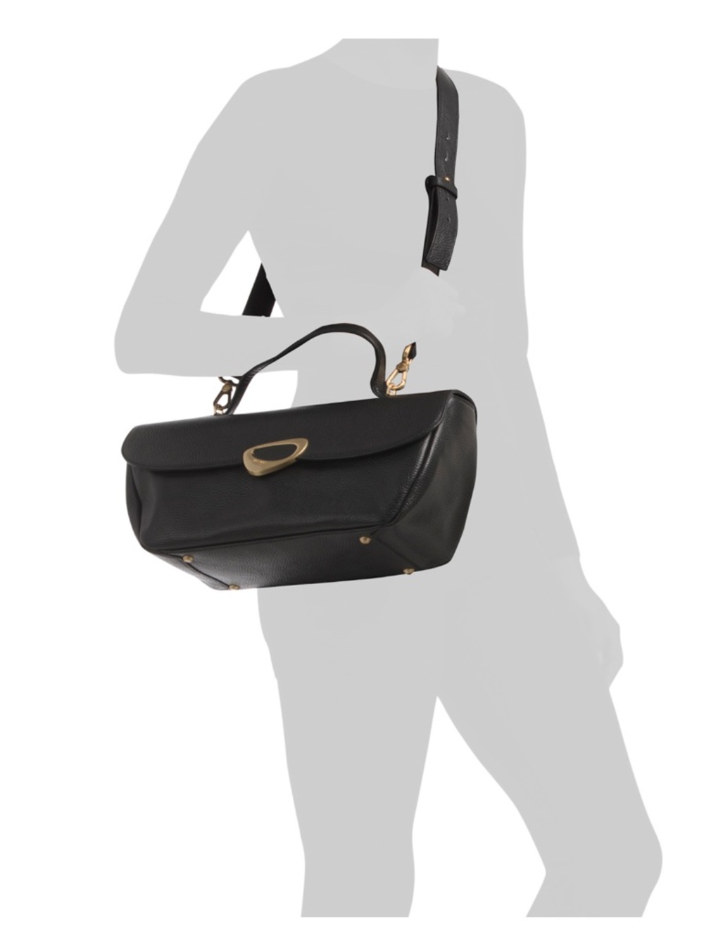 Arcadia Black Pebbled Leather East West Shoulder Bag with Gold Accent - Picture 2 of 8